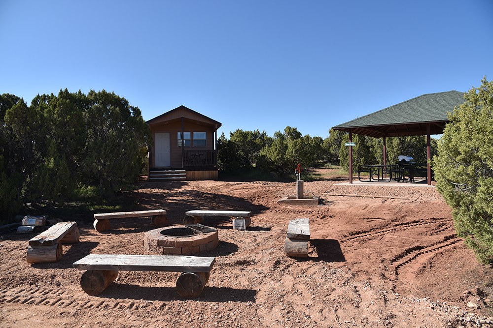 Campground fire pit and covered pavilion