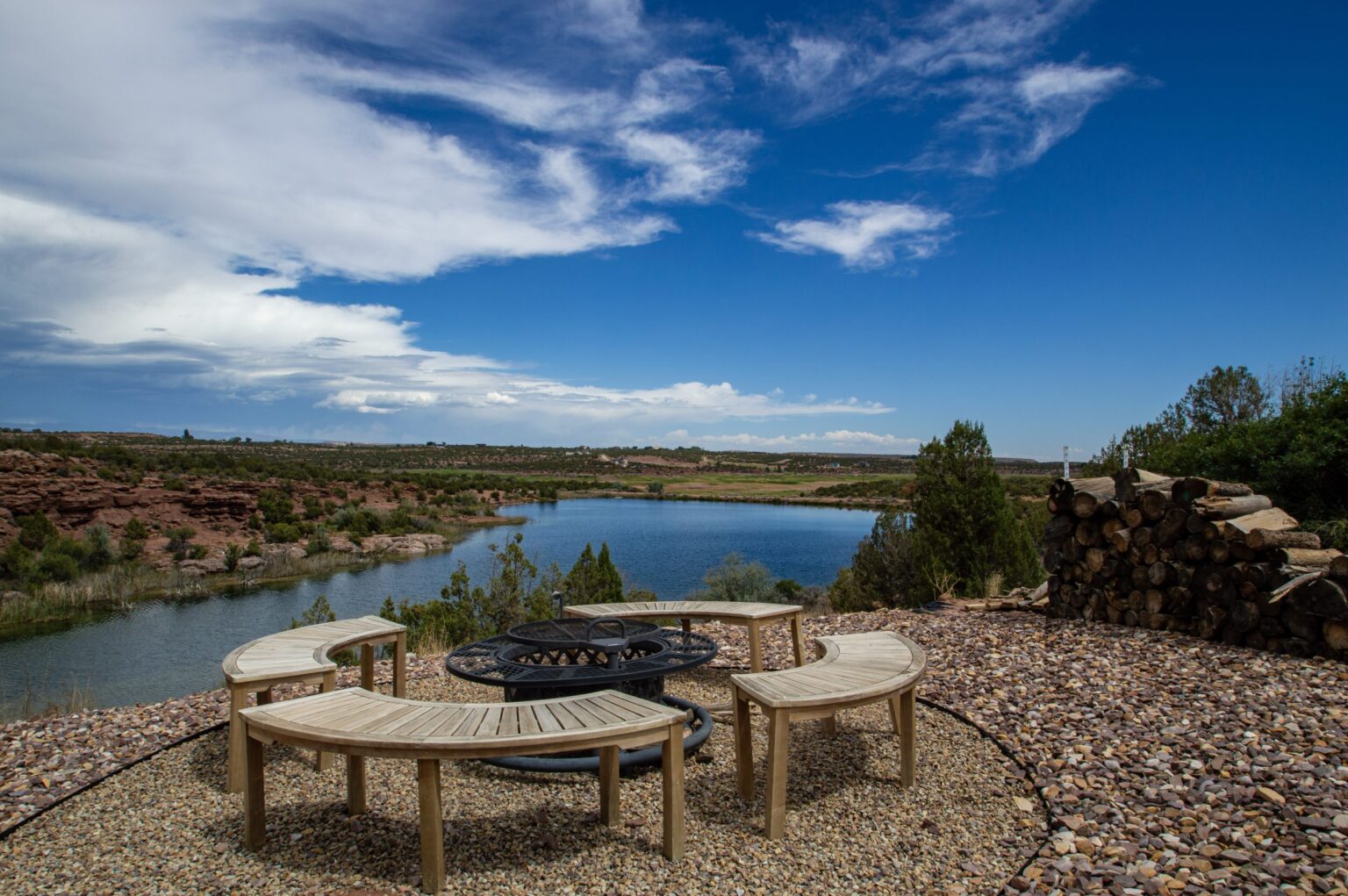 Fire pit seating above Cliff Lake